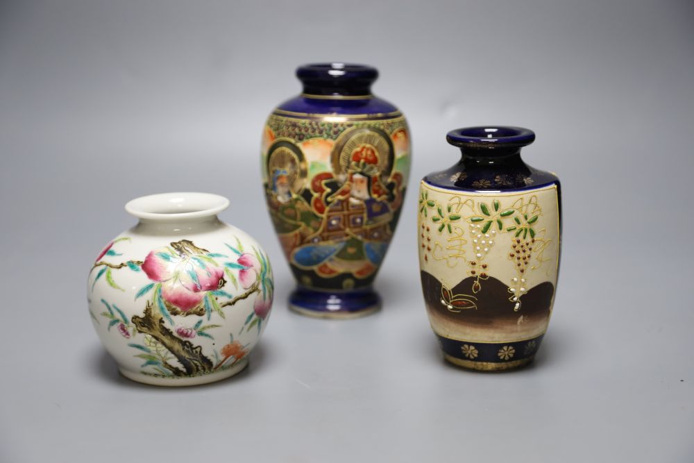 A Chinese famille rose jar, 9cm and two Satsuma enamelled jars